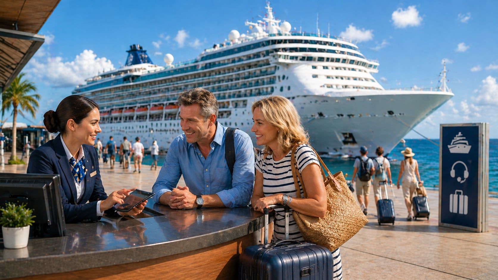 Travellers at a cruise terminal beside a large cruise ship