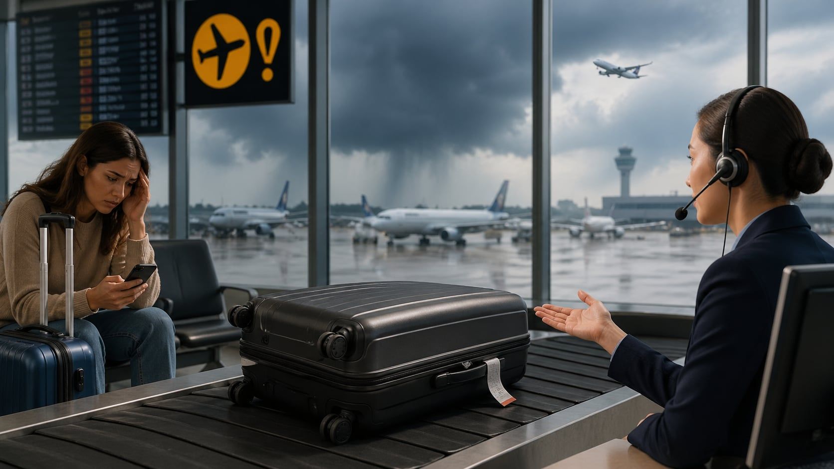 Traveller getting flight disruption help at an airport