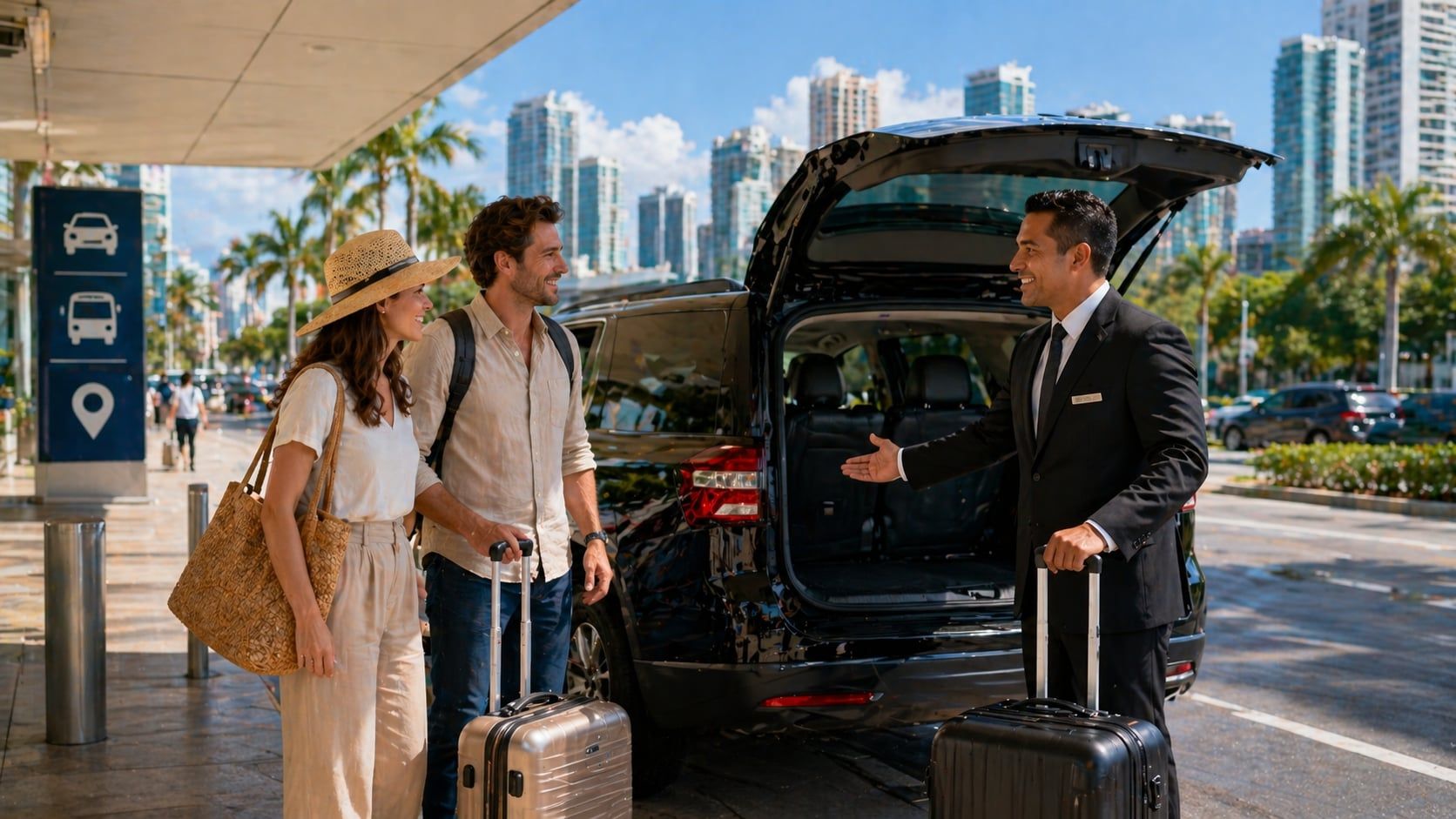 A driver assisting travellers with luggage at a vehicle