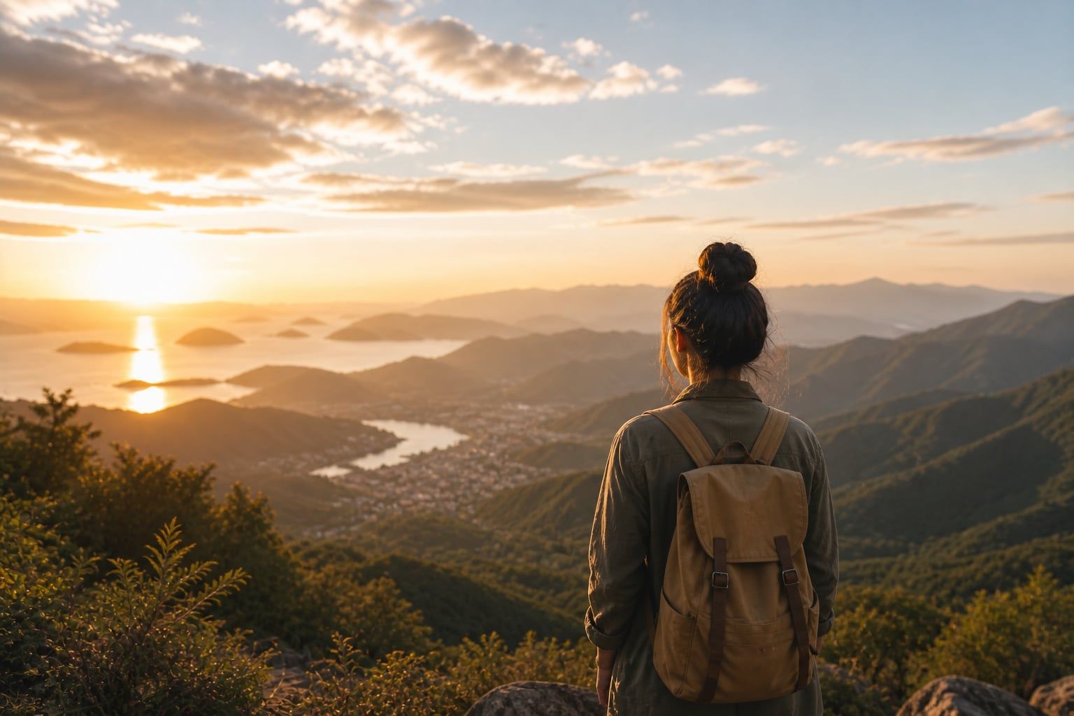 A traveller watching the sunrise from a mountain overlook