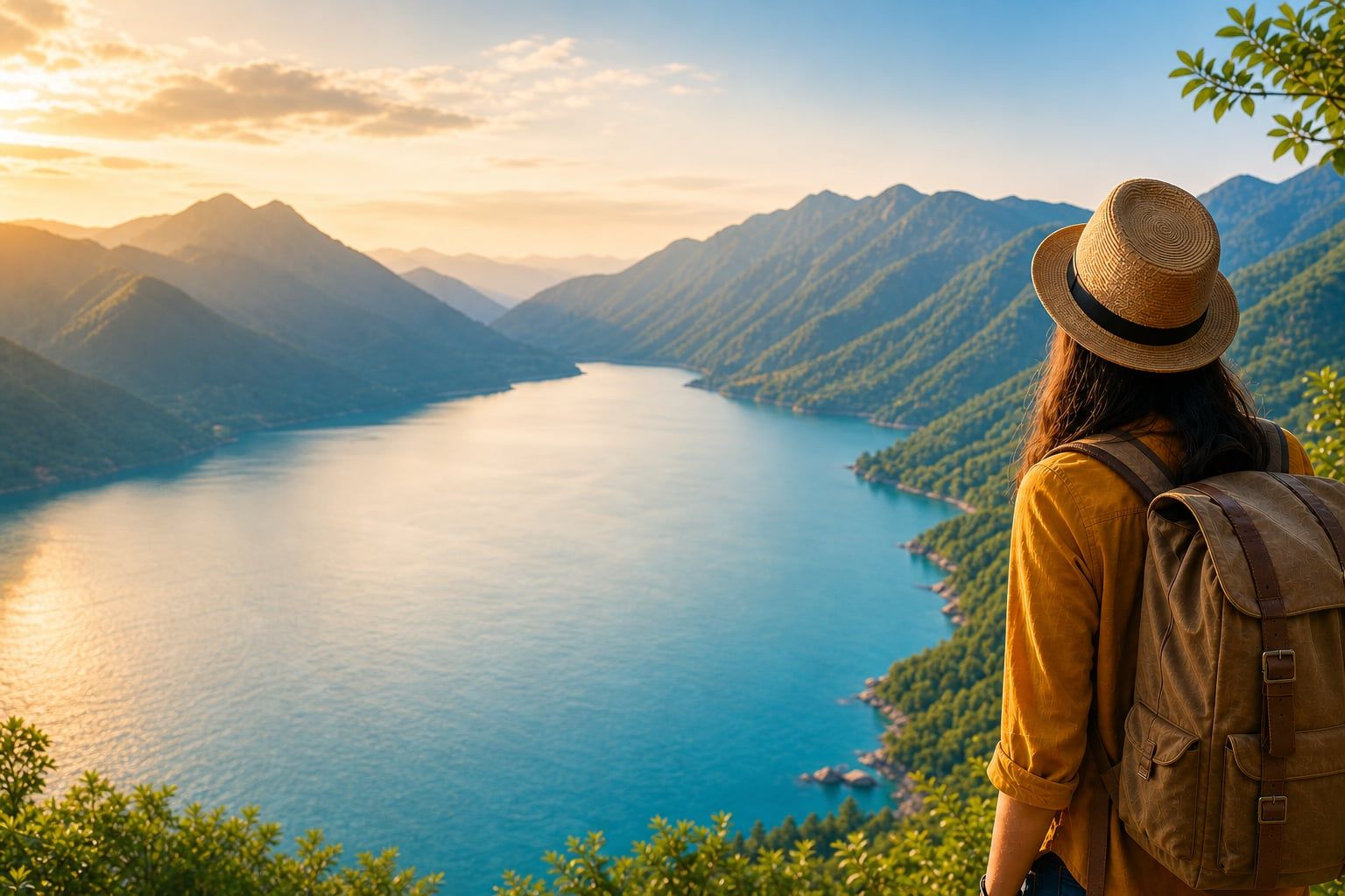 Traveller looking out over a mountain landscape