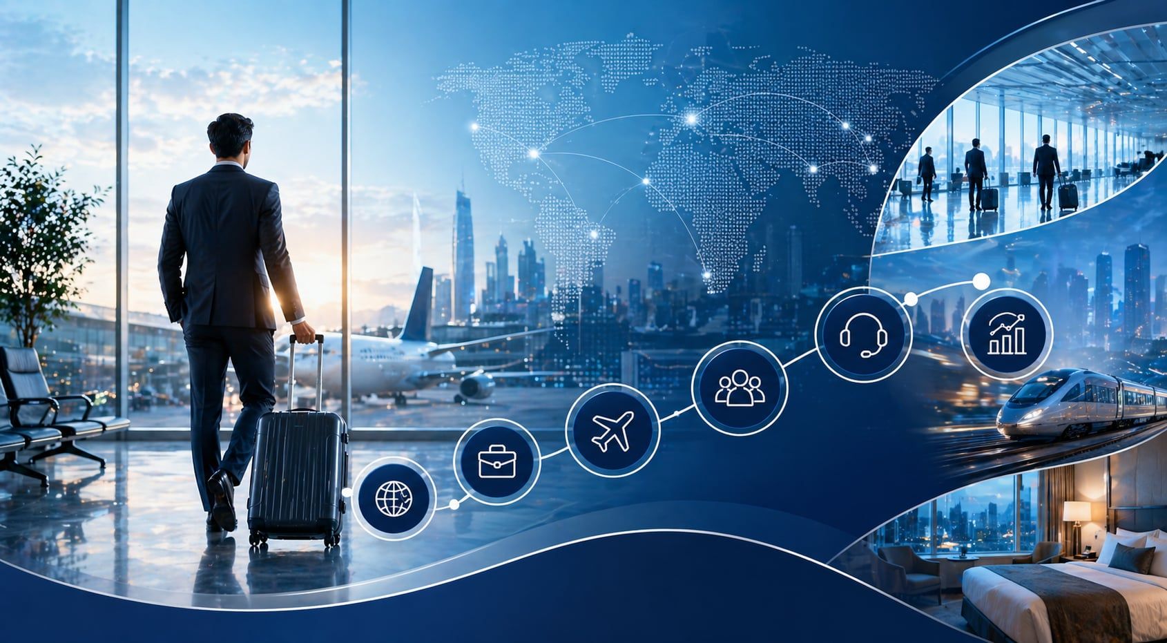 A business traveller with luggage looking out over a city skyline