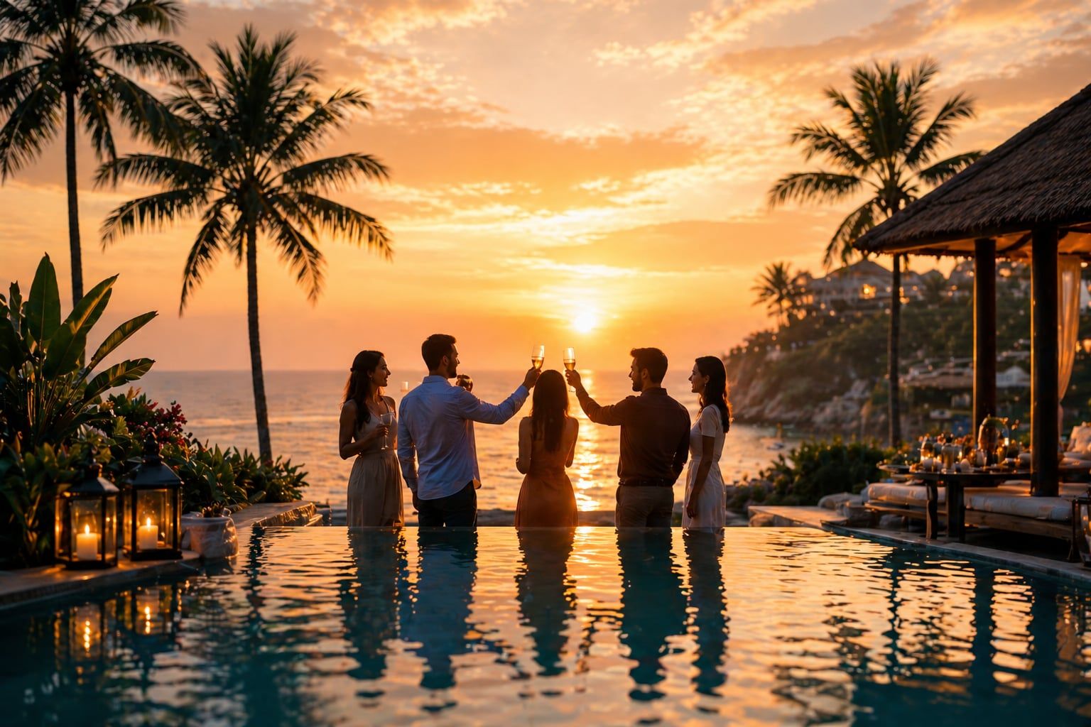 Group celebrating at a sunset retreat