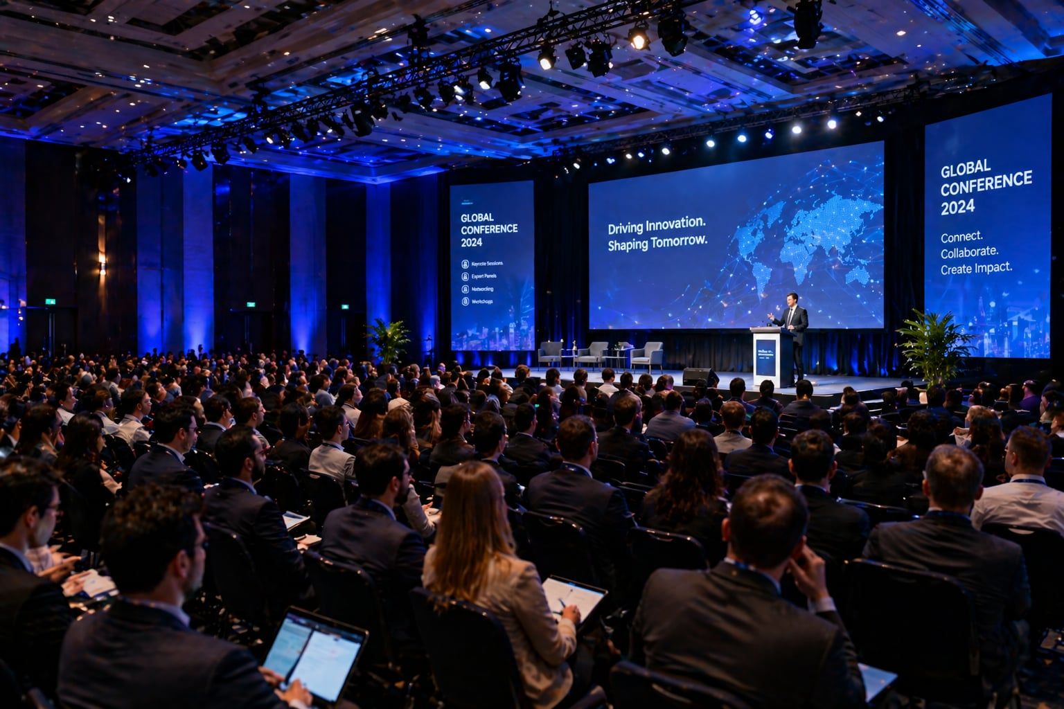 A packed global conference hall with a speaker on stage
