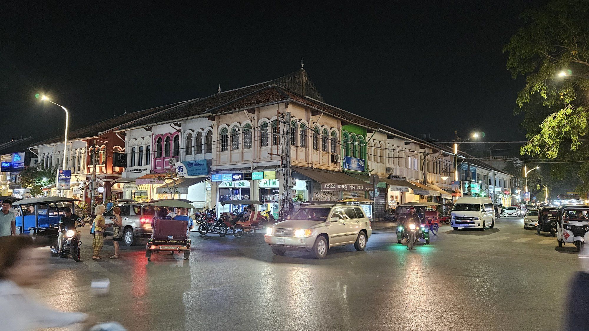 The heritage shophouses of Siem Reap's Old Quarter lit up at night