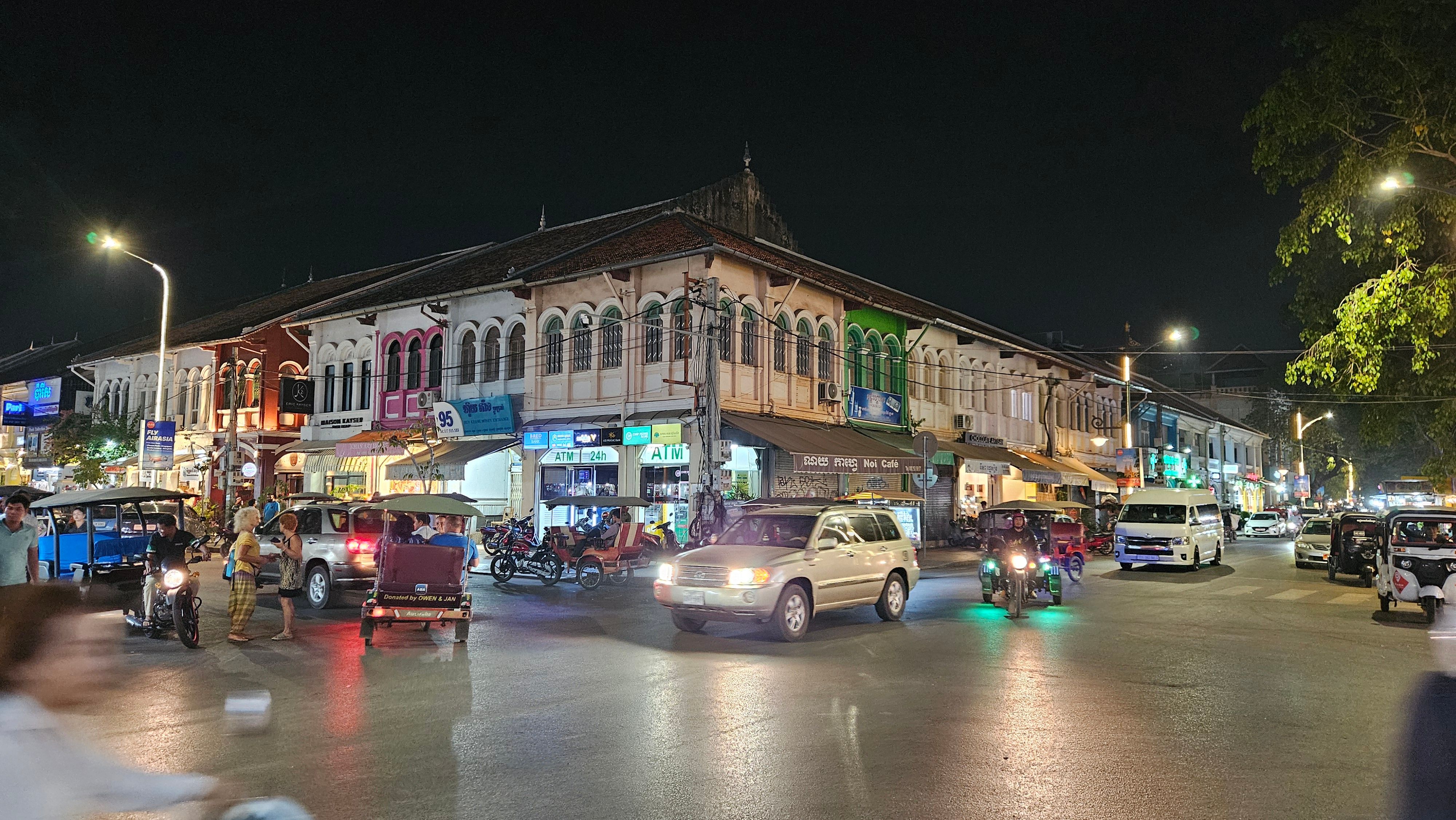 The heritage shophouses of Siem Reap's Old Quarter lit up at night