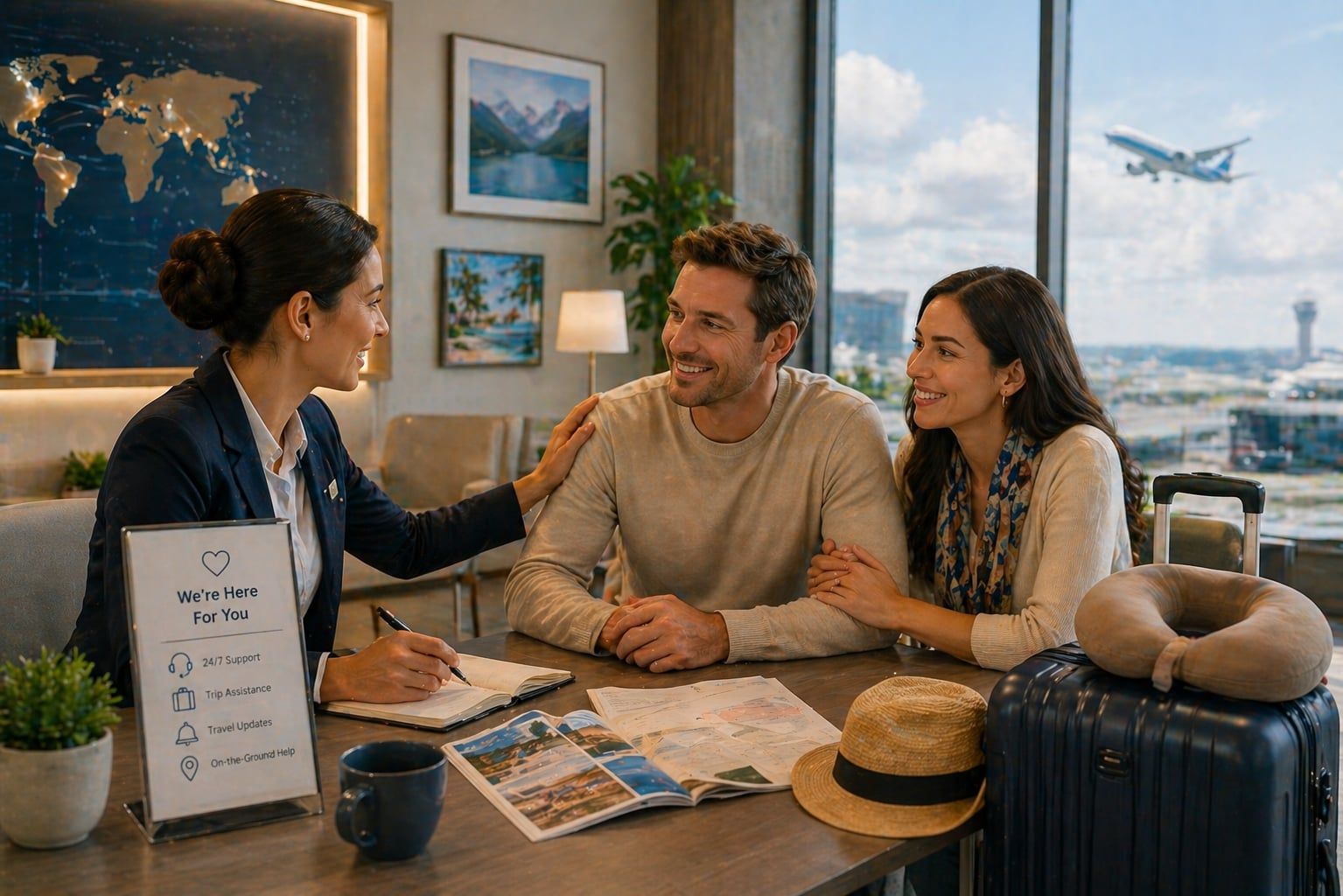 A couple receiving travel support from an advisor