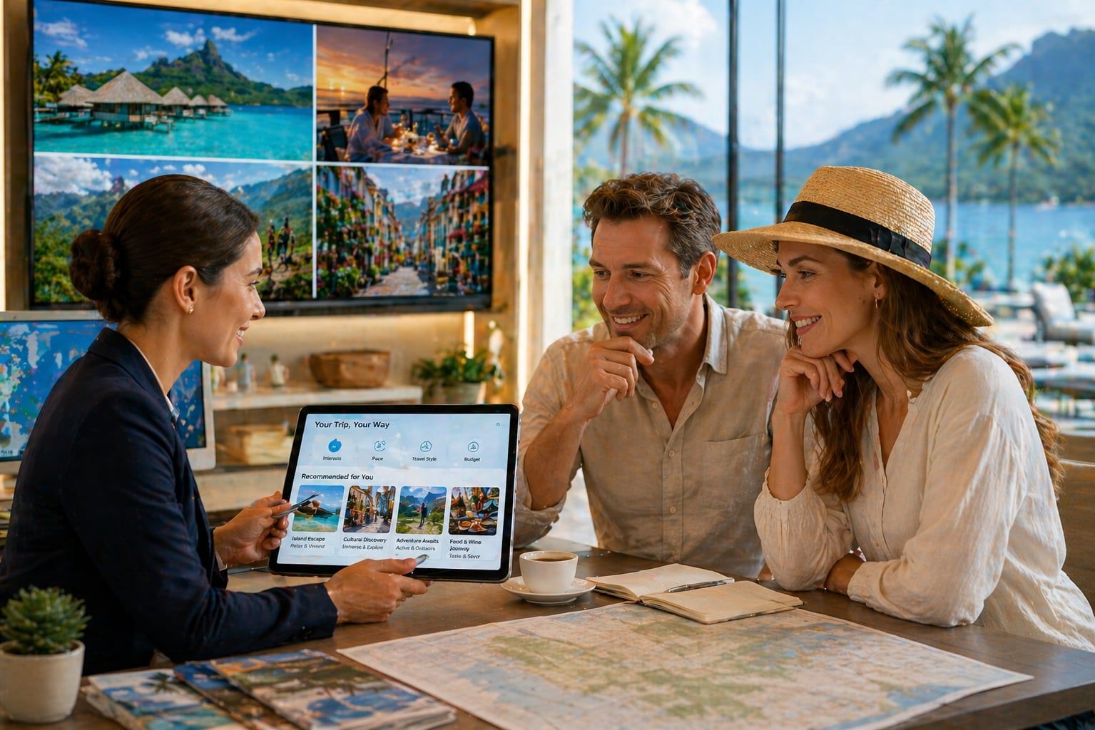 A travel advisor showing a couple curated trip options on a tablet