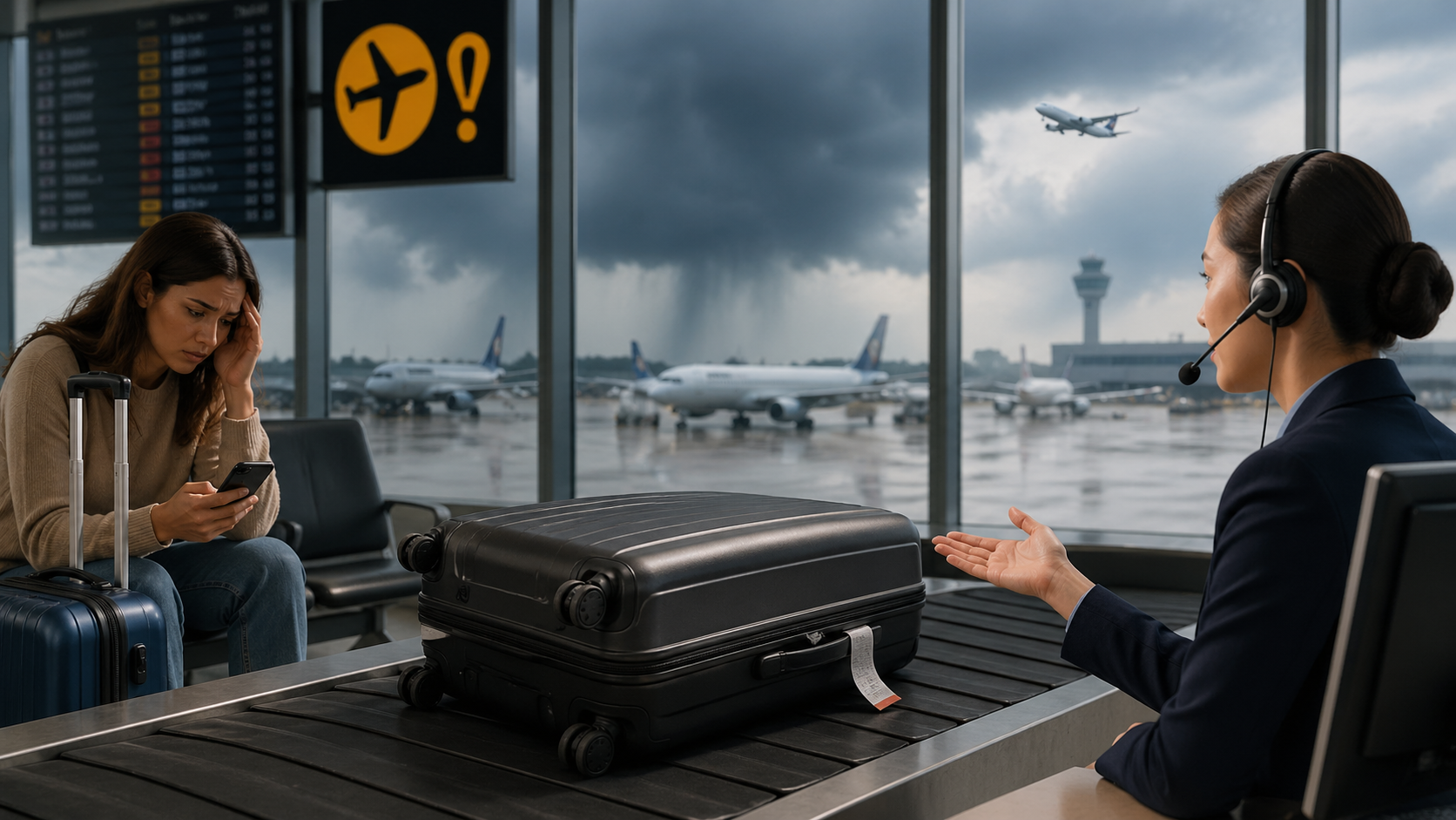 Traveller getting flight disruption help at an airport