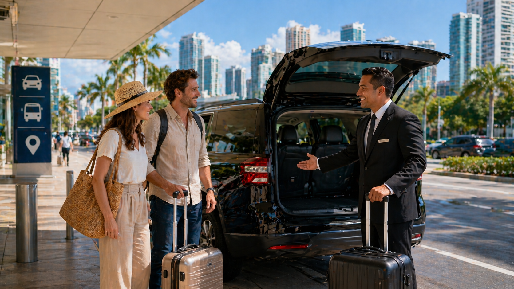 A driver assisting travellers with luggage at a vehicle