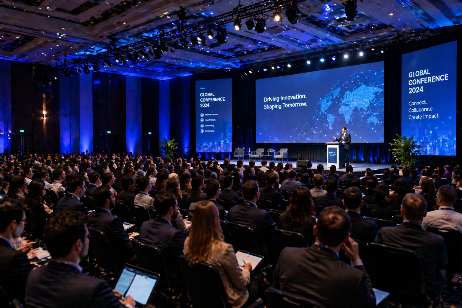 A packed global conference hall with a speaker on stage
